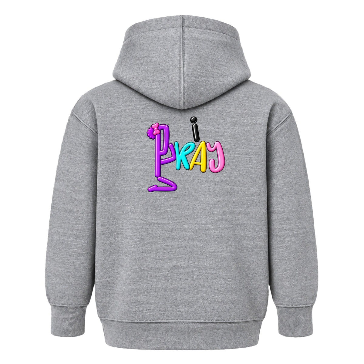 CHILD OF GOD Christian kids hoodie Heather Gray back, Bun profile, i PRAY design