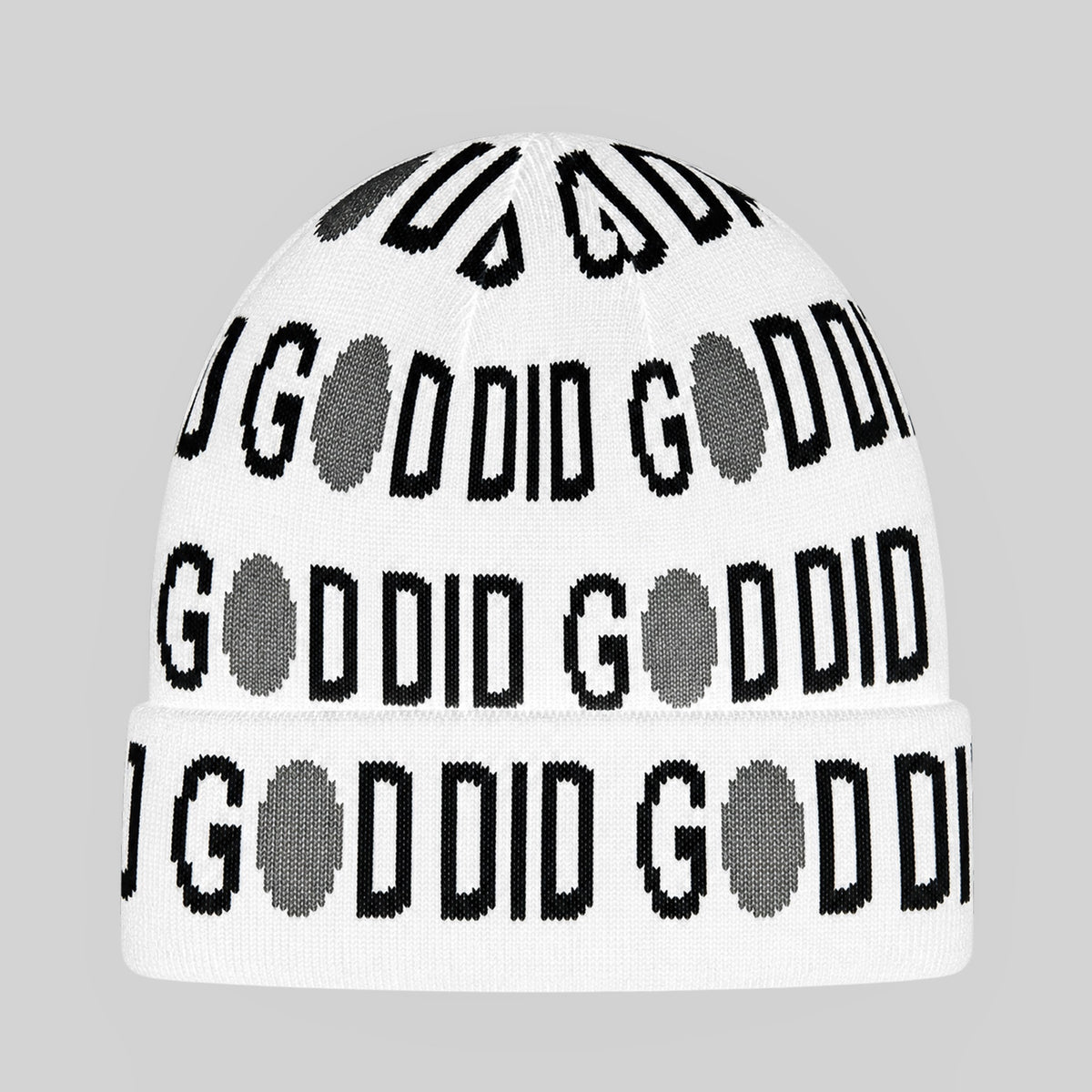 GOD DID white cuffed knit beanie with black wording