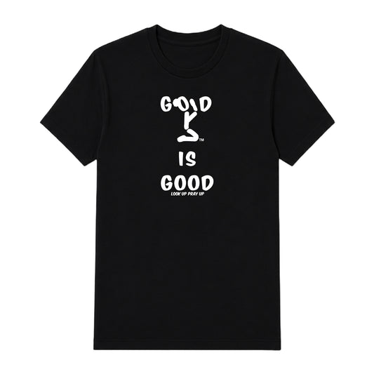 GOD IS GOOD adult T-shirt Black front — Bun