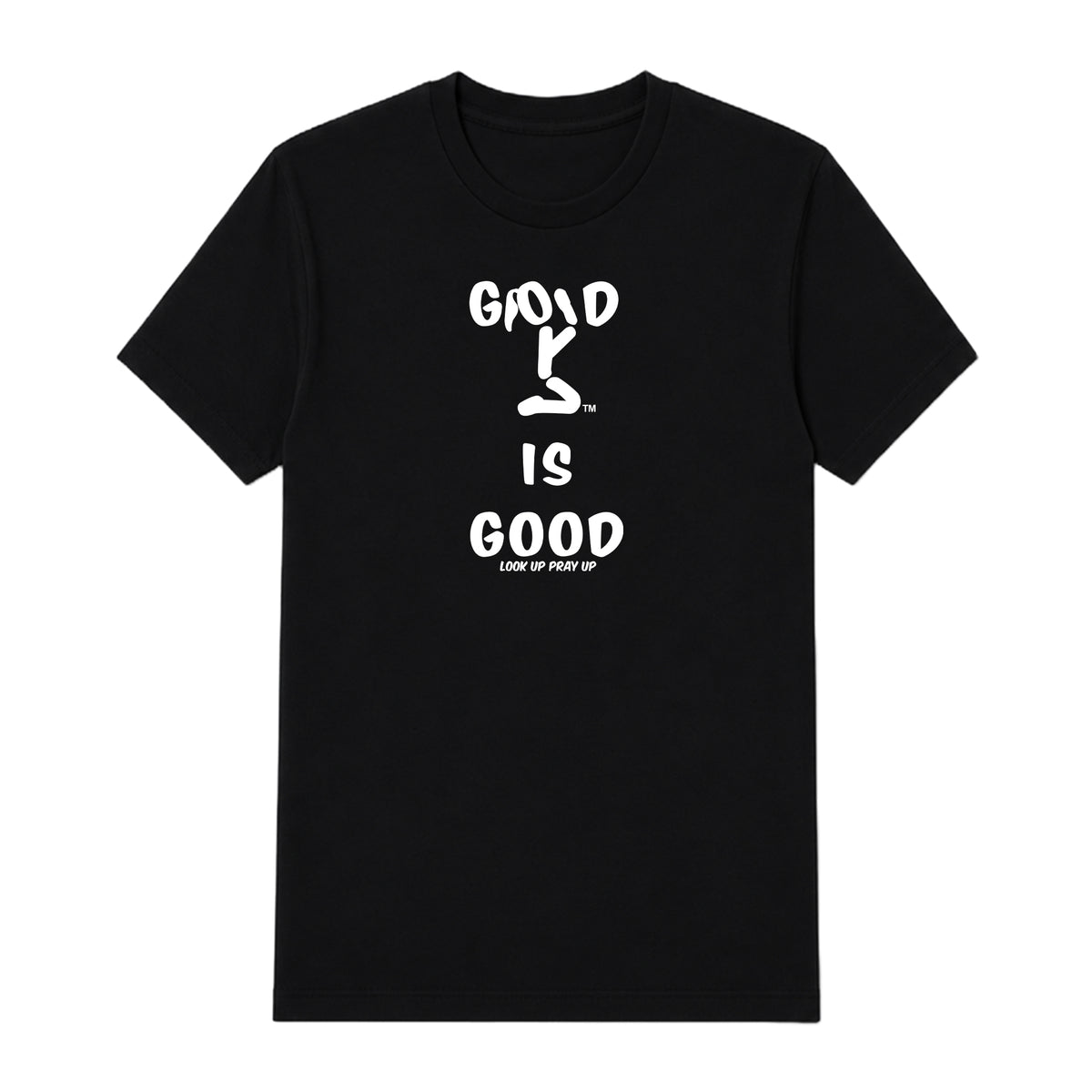 GOD IS GOOD adult T-shirt Black front — Ponytail