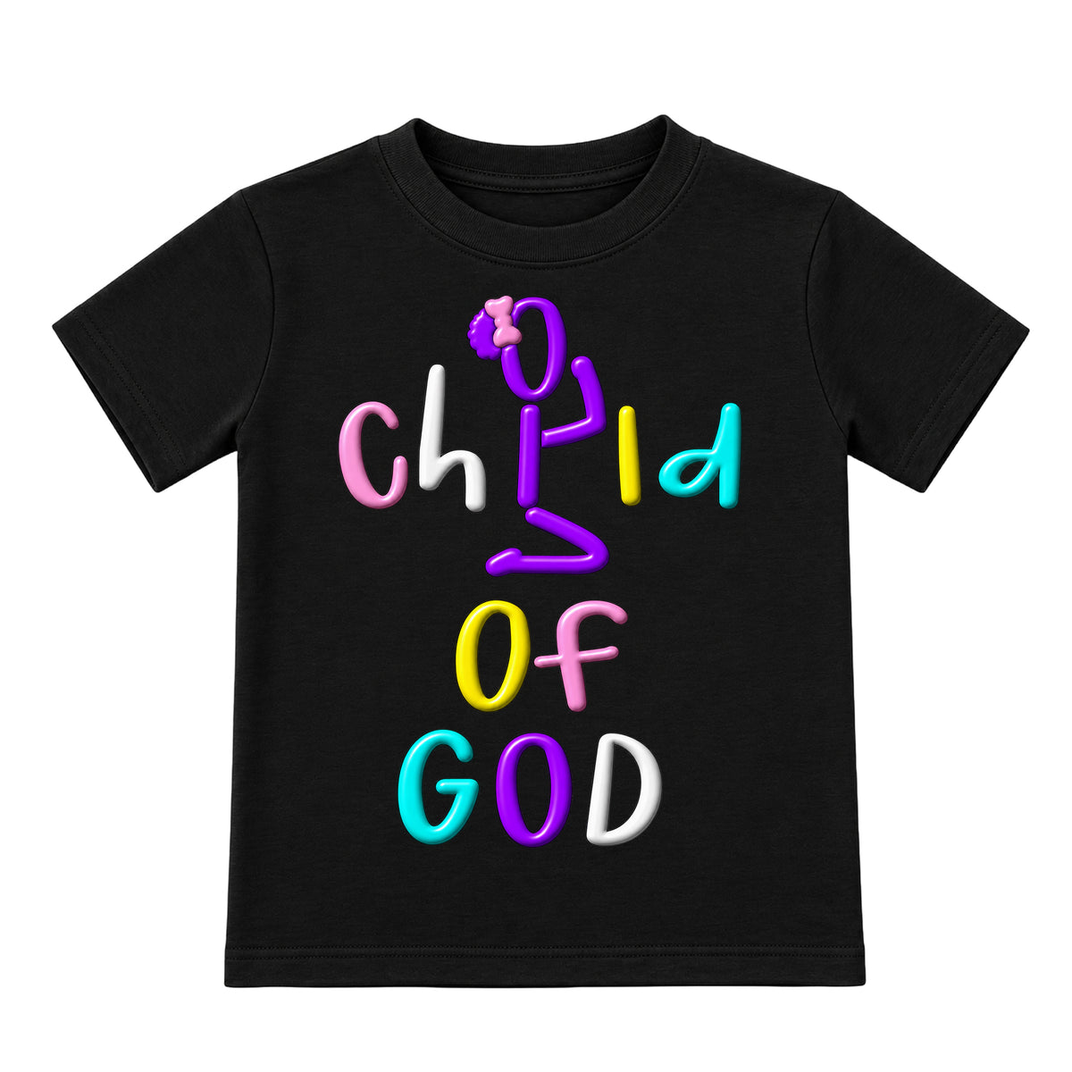 CHILD OF GOD Black Christian kids T-shirt front, Bun profile