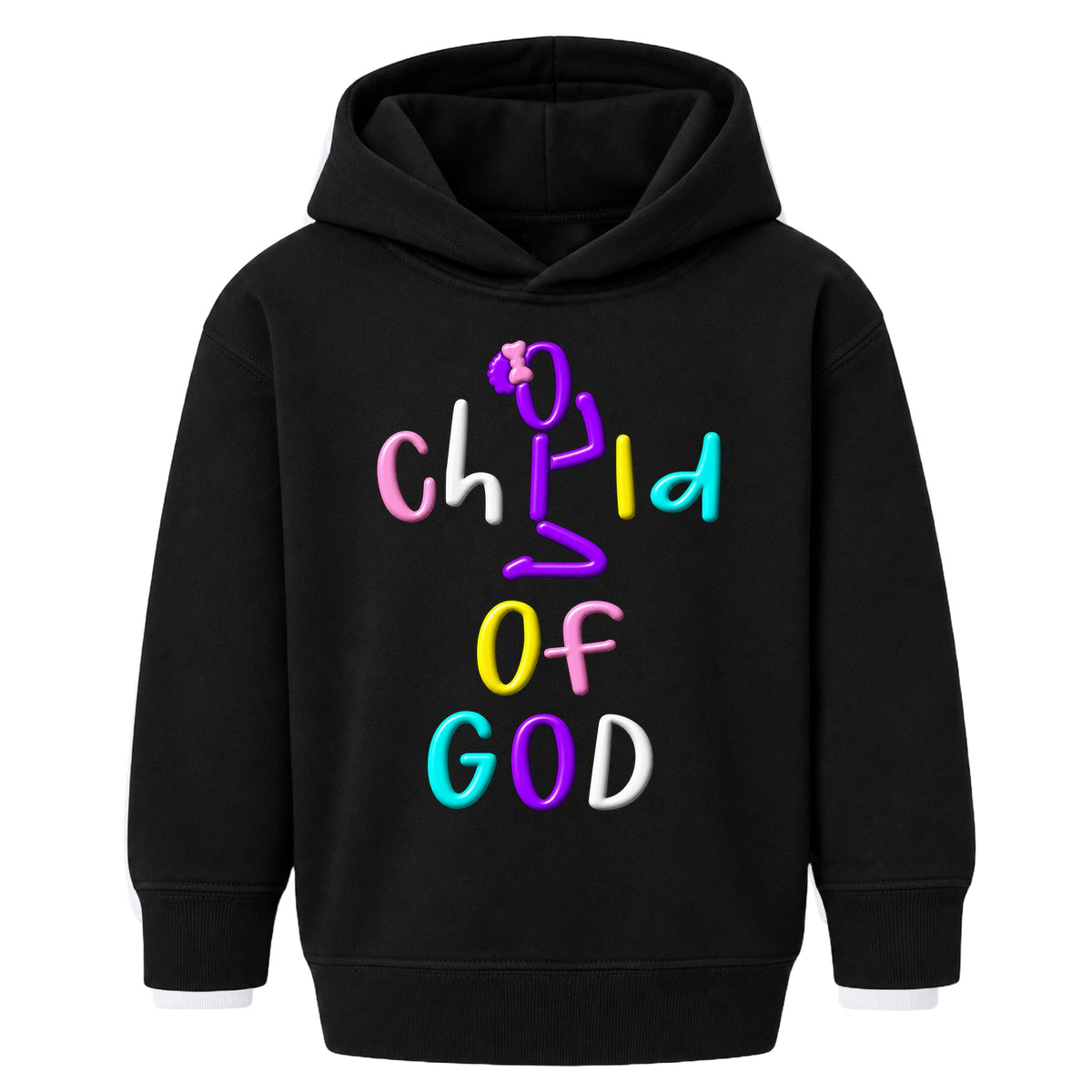 CHILD OF GOD Christian kids hoodie Black front, Bun profile