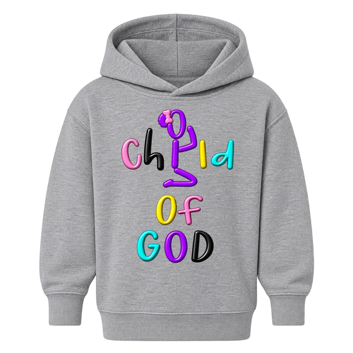 CHILD OF GOD Christian kids hoodie Heather Gray front, Bun profile