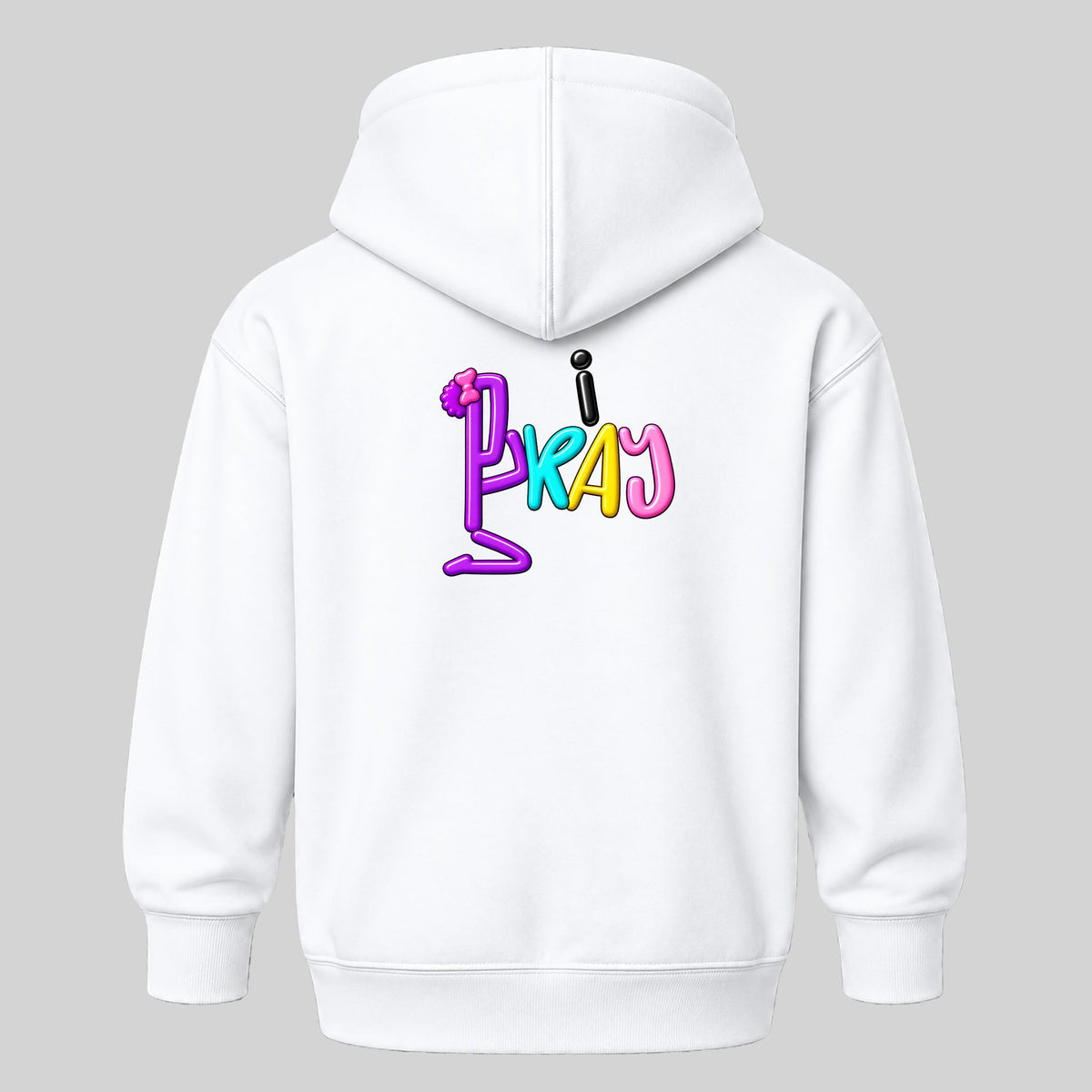 CHILD OF GOD Christian kids hoodie White back, Bun profile, i PRAY design