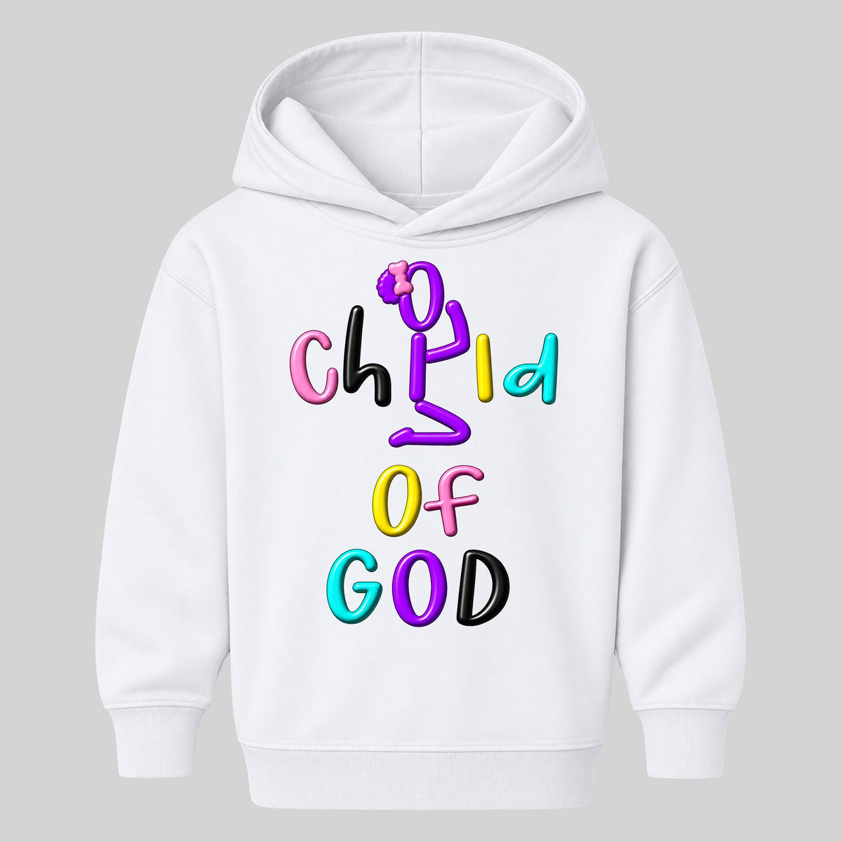 CHILD OF GOD Christian kids hoodie White front, Bun profile