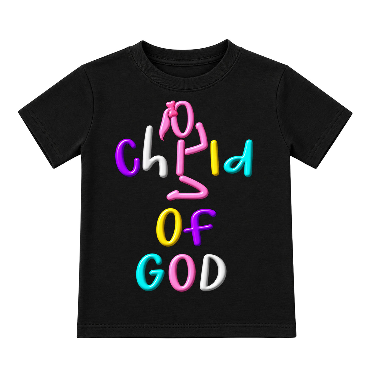 CHILD OF GOD Black Christian kids T-shirt front, Ponytail profile