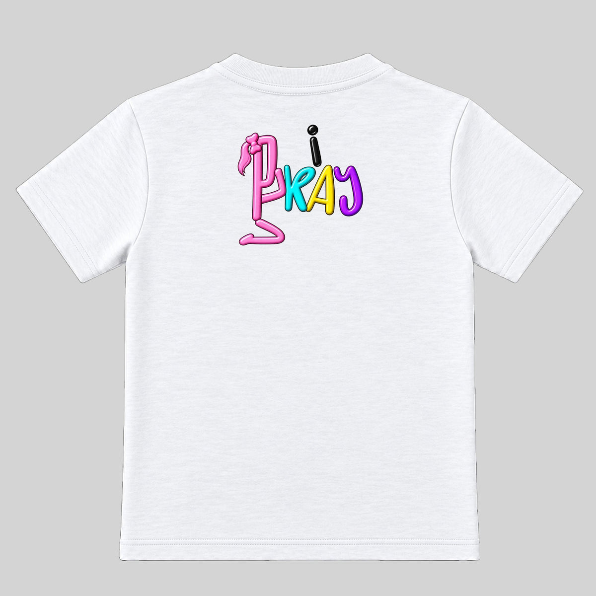 I PRAY White kids T-shirt back with approved i PRAY logo, Ponytail profile