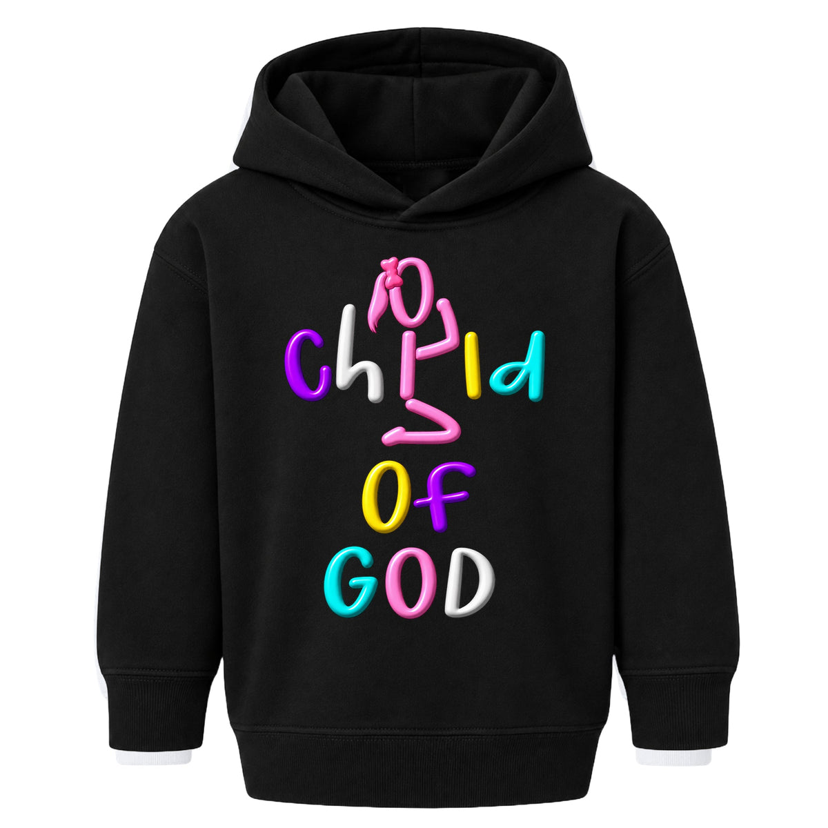 CHILD OF GOD Christian kids hoodie Black front, Ponytail profile