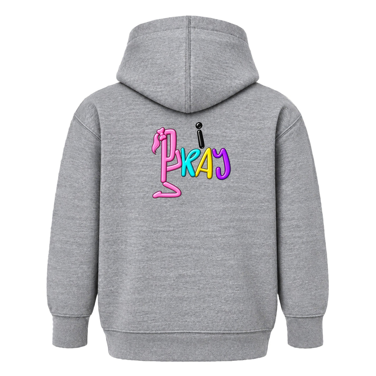 CHILD OF GOD Christian kids hoodie Heather Gray back, Ponytail profile, i PRAY design