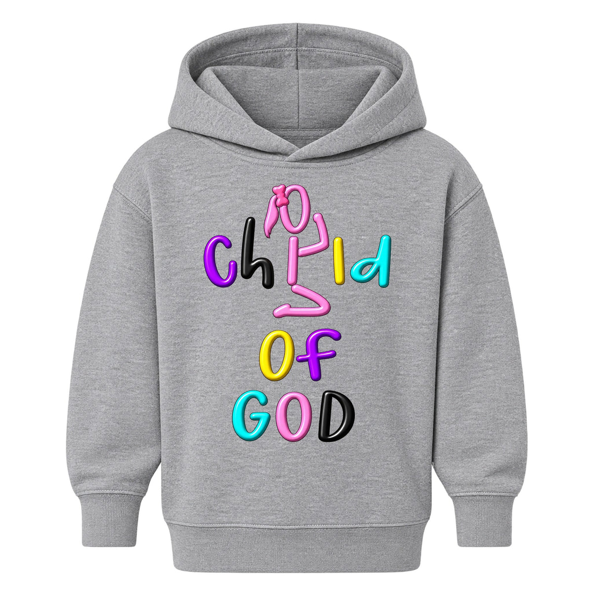 CHILD OF GOD Christian kids hoodie Heather Gray front, Ponytail profile