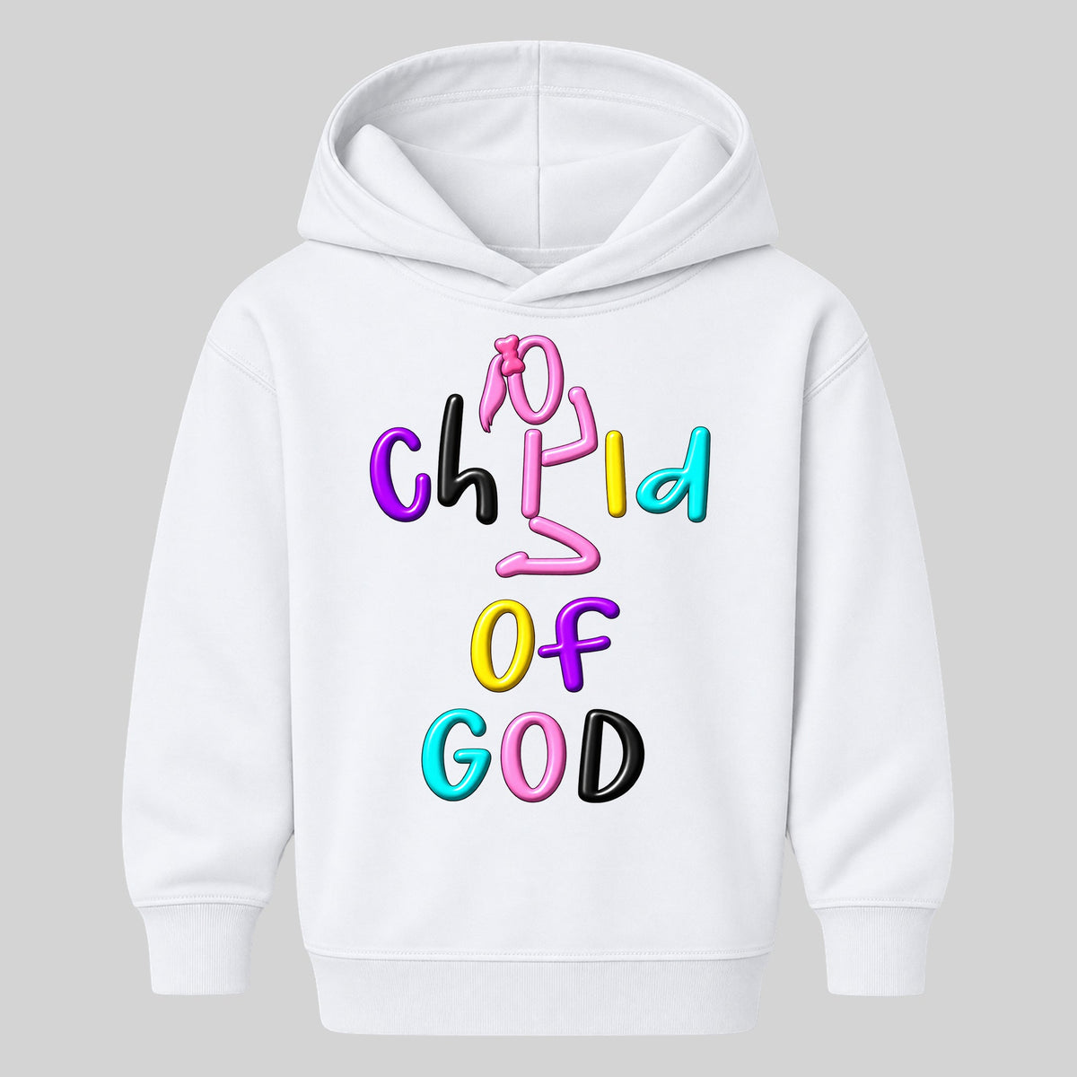 CHILD OF GOD Christian kids hoodie White front, Ponytail profile