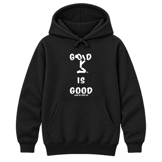 GOD IS GOOD Christian Heavyweight Hoodie Black front - Bun profile