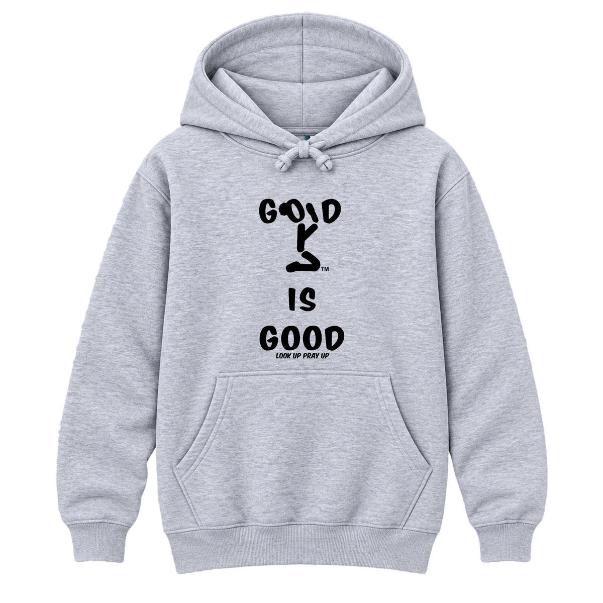 GOD IS GOOD Christian Heavyweight Hoodie Heather Gray front - Bun profile