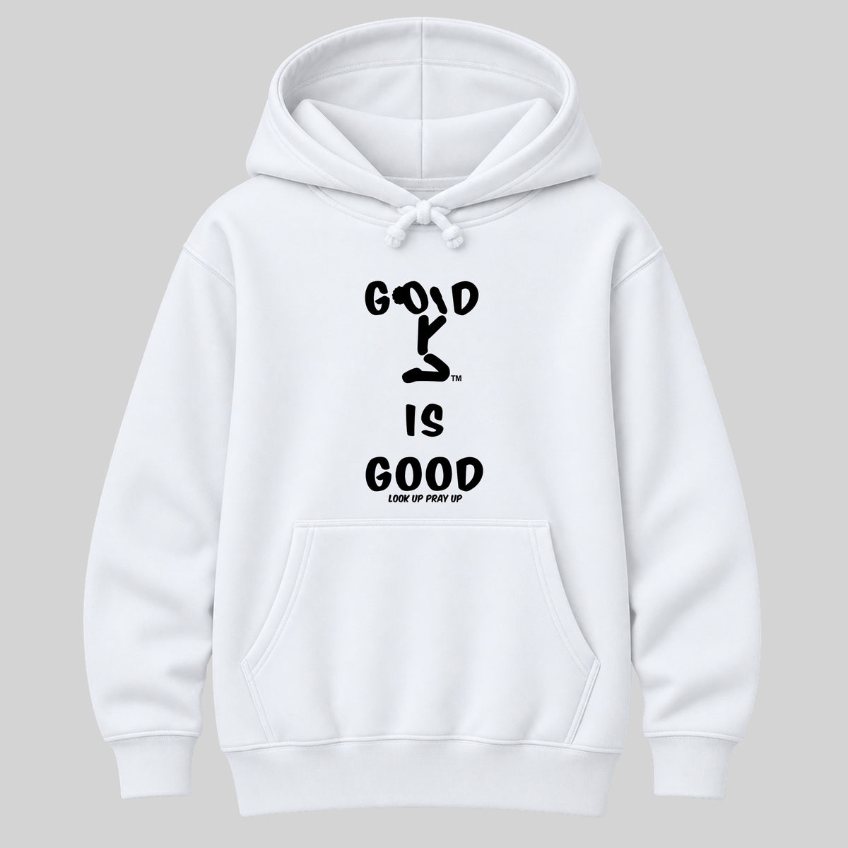 GOD IS GOOD Christian Heavyweight Hoodie White front - Bun profile