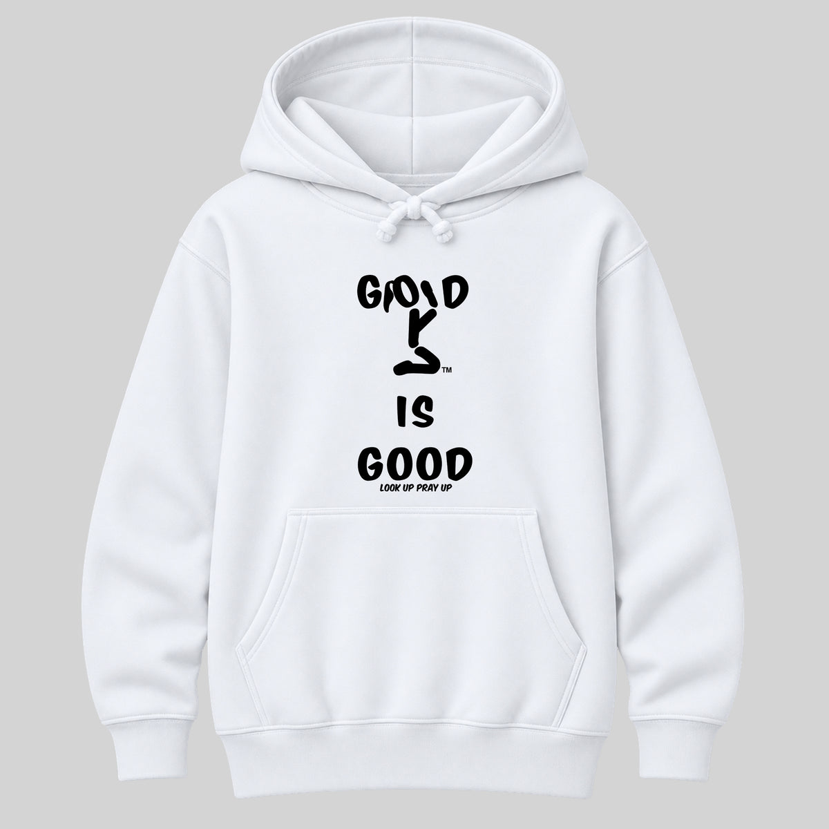 GOD IS GOOD Christian Heavyweight Hoodie White front - Ponytail profile