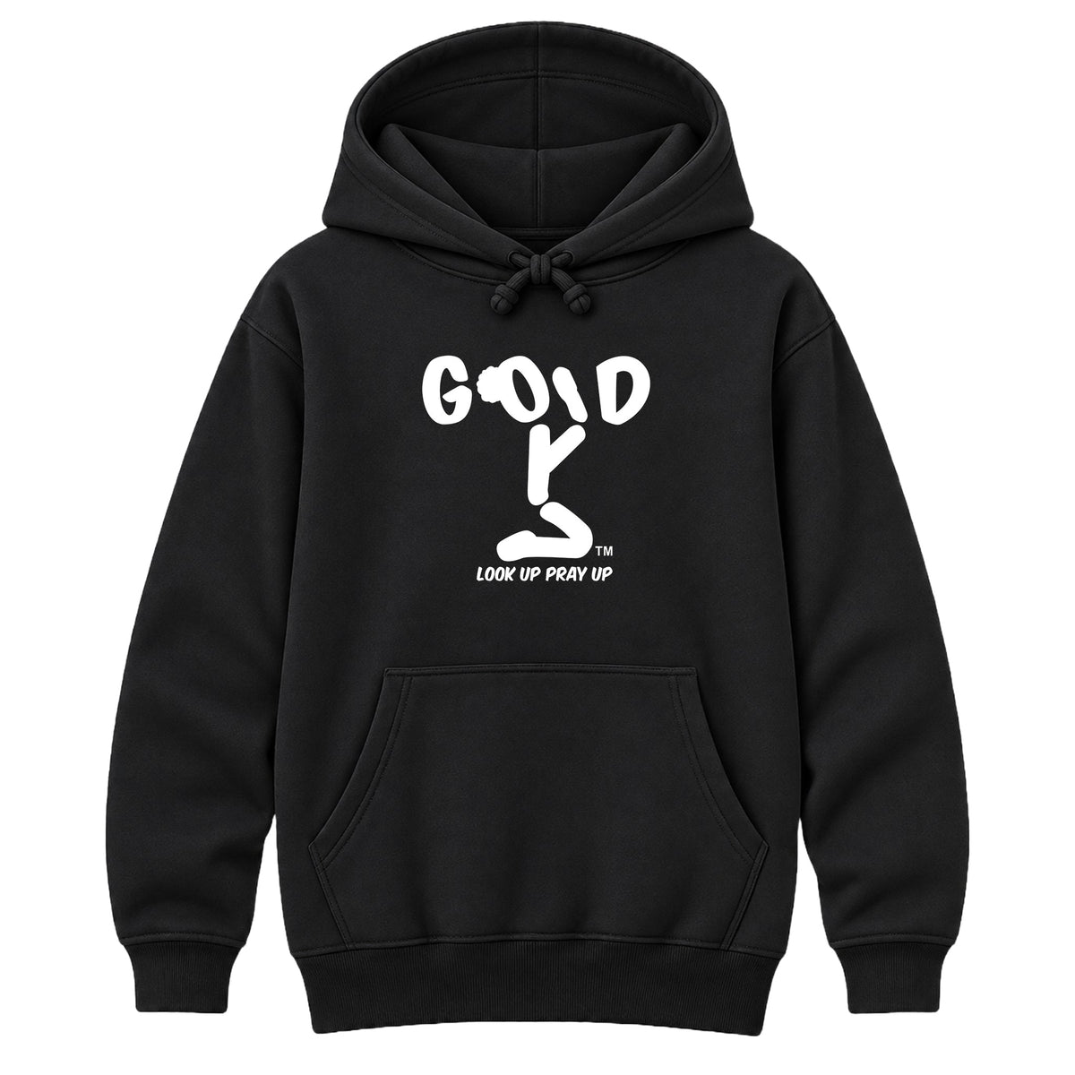 GOD Christian heavyweight hoodie Black front, Bun profile