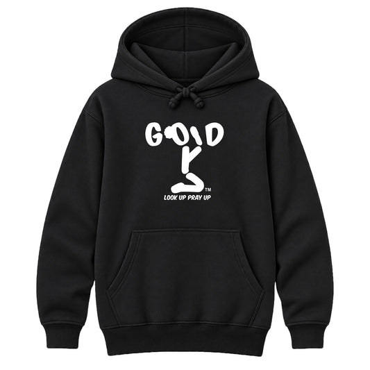 GOD Christian heavyweight hoodie Black front, Bun profile