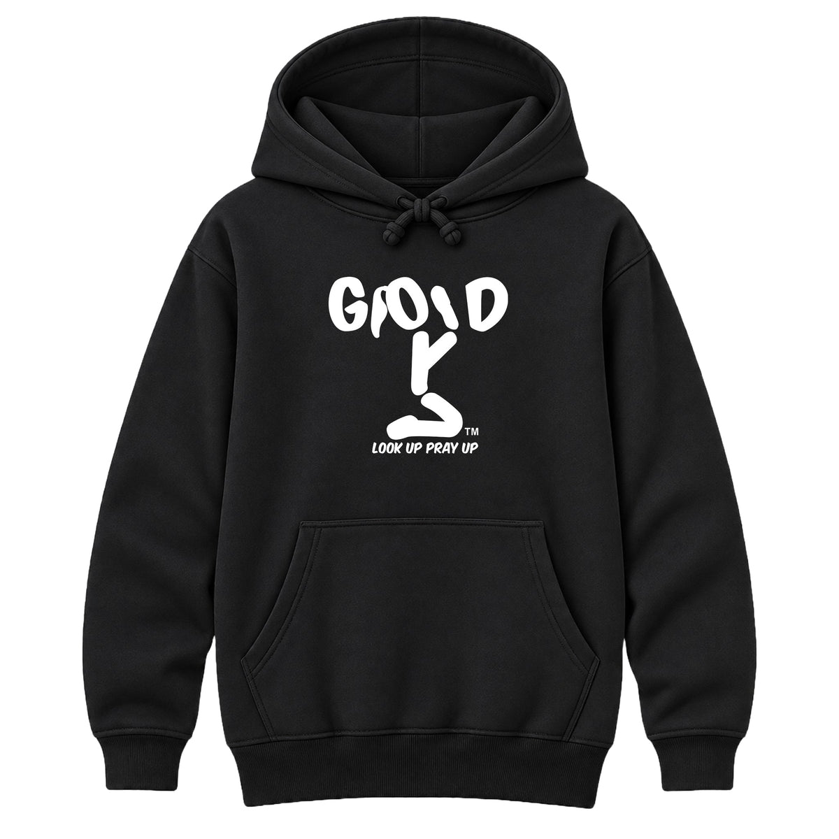 GOD Christian heavyweight hoodie Black front, Ponytail profile