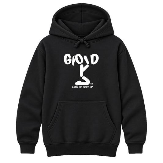 GOD Christian heavyweight hoodie Black front, Ponytail profile