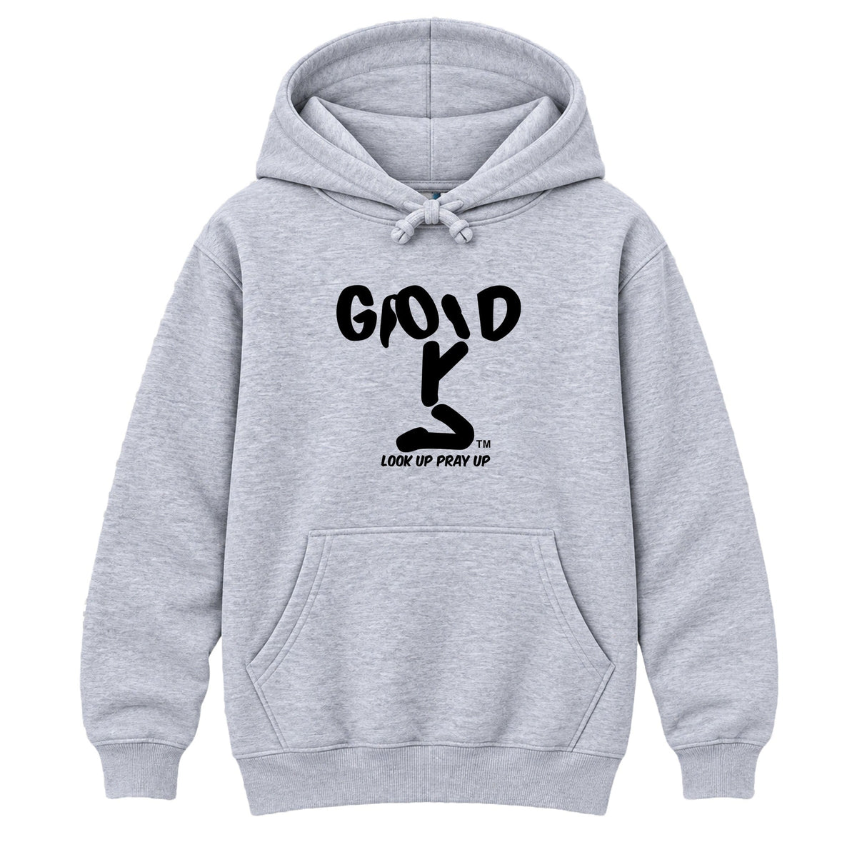 GOD Christian heavyweight hoodie Heather Gray front, Ponytail profile