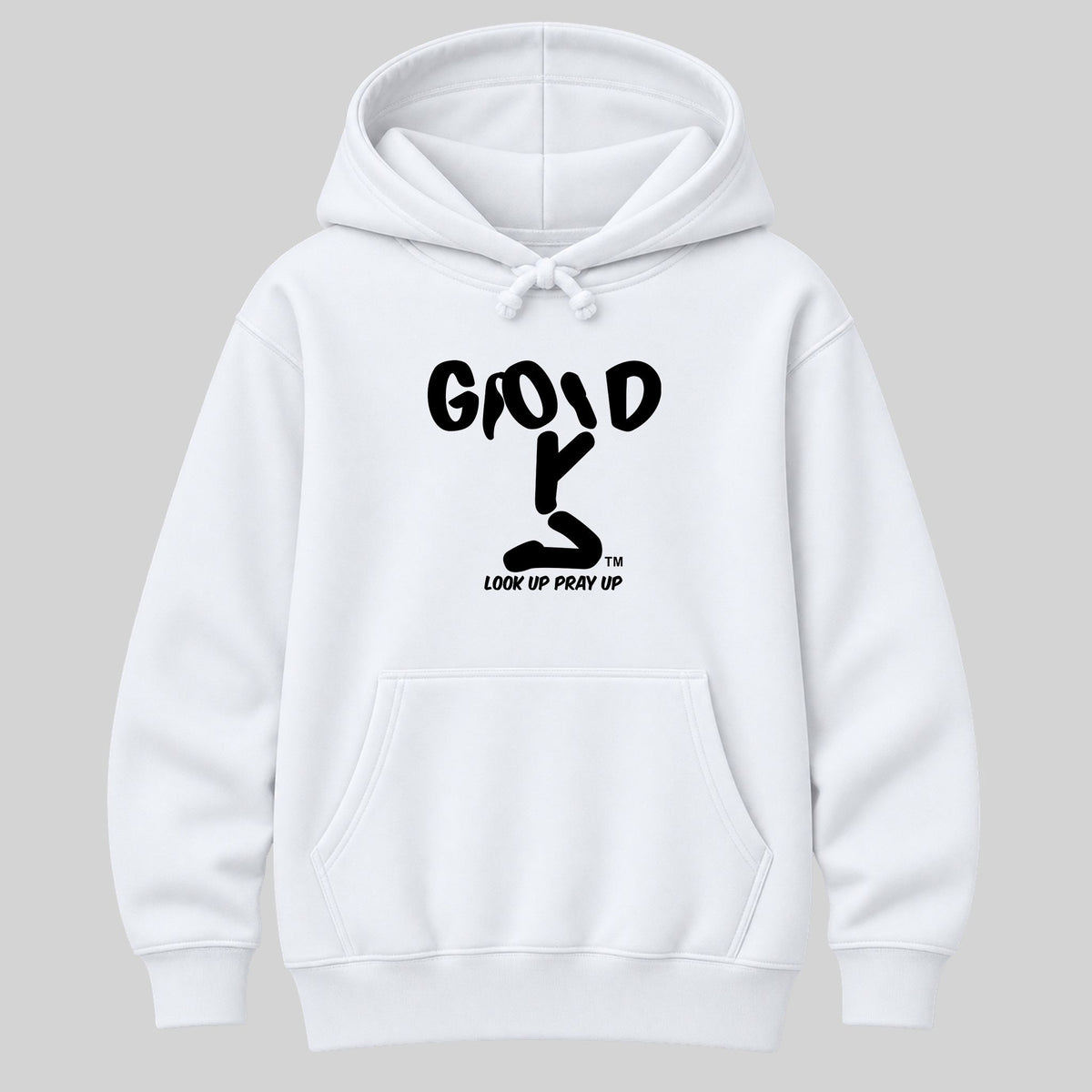 GOD Christian heavyweight hoodie White front, Ponytail profile