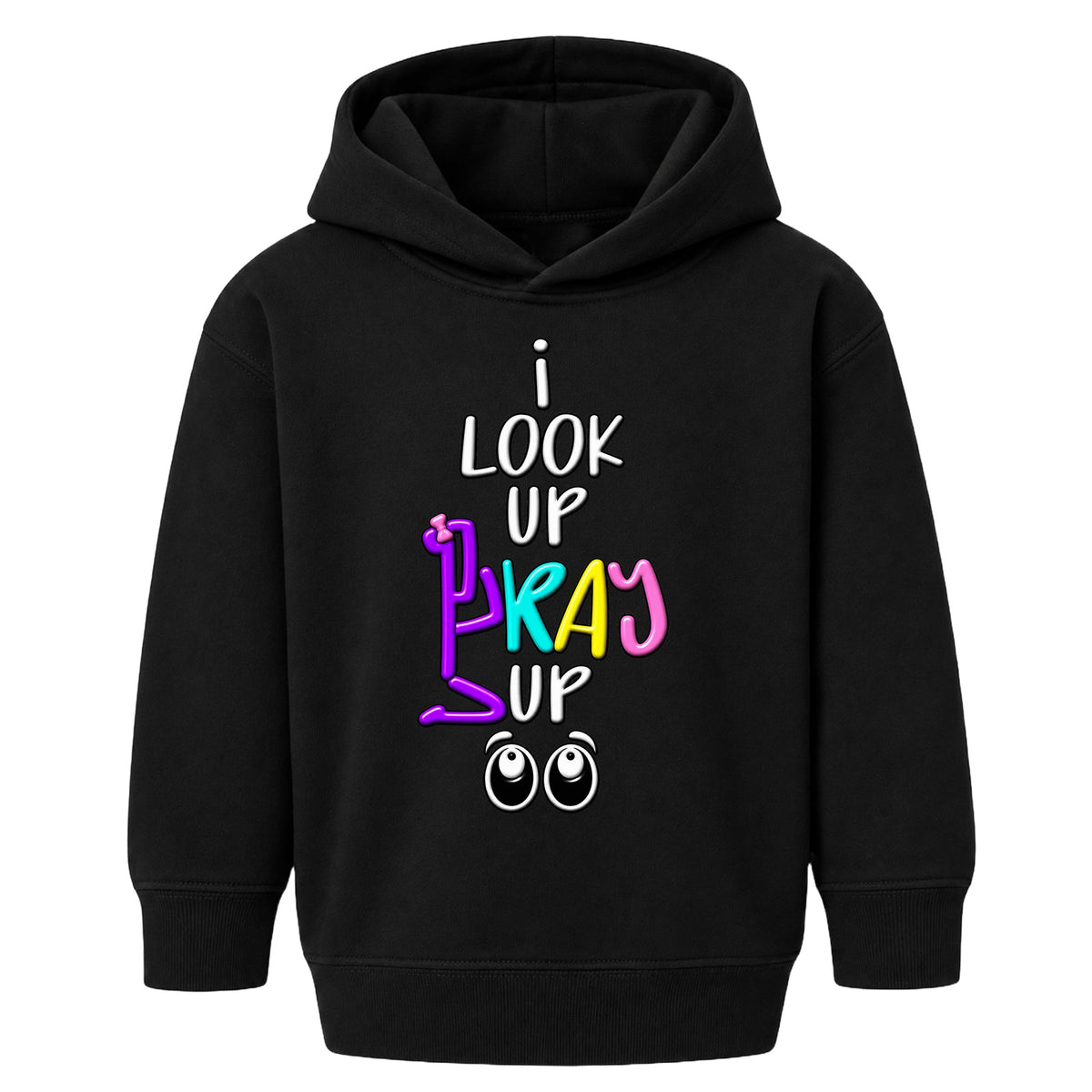 I LOOK UP PRAY UP kids hoodie Black front, Bun profile