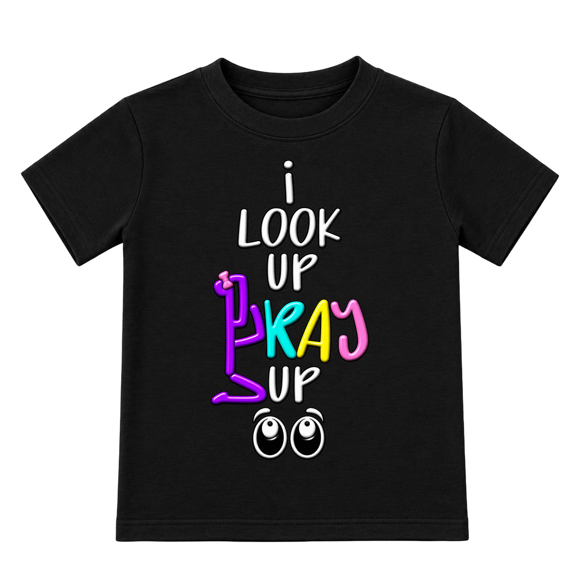 I LOOK UP PRAY UP Christian kids T-shirt Black front, Bun profile