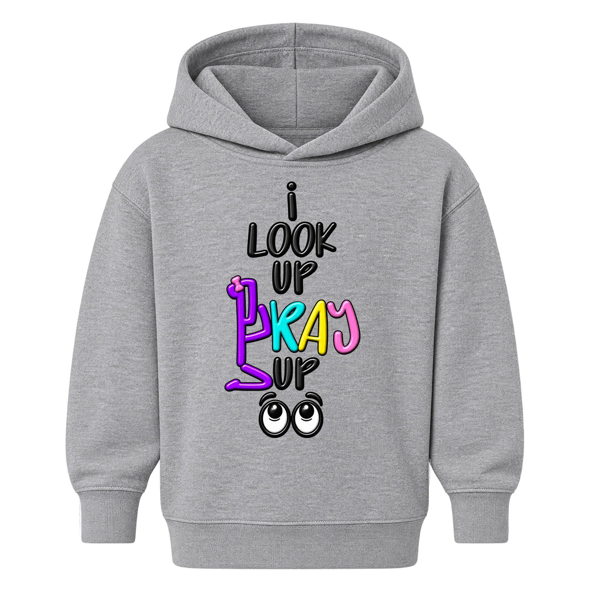 I LOOK UP PRAY UP kids hoodie Heather Gray front, Bun profile