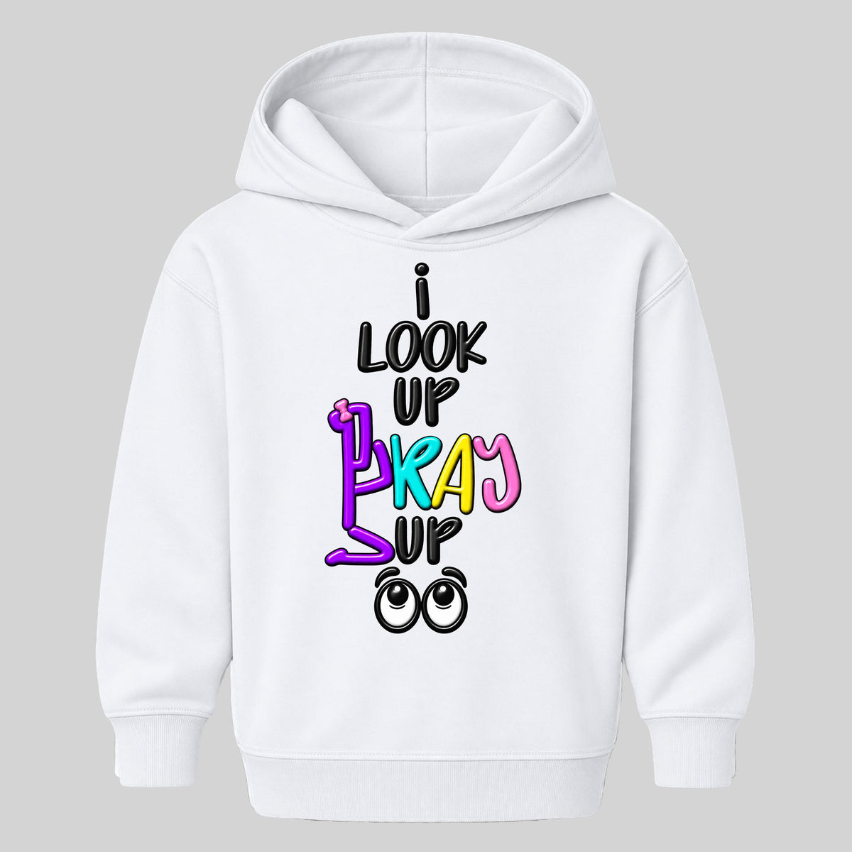 I LOOK UP PRAY UP kids hoodie White front, Bun profile