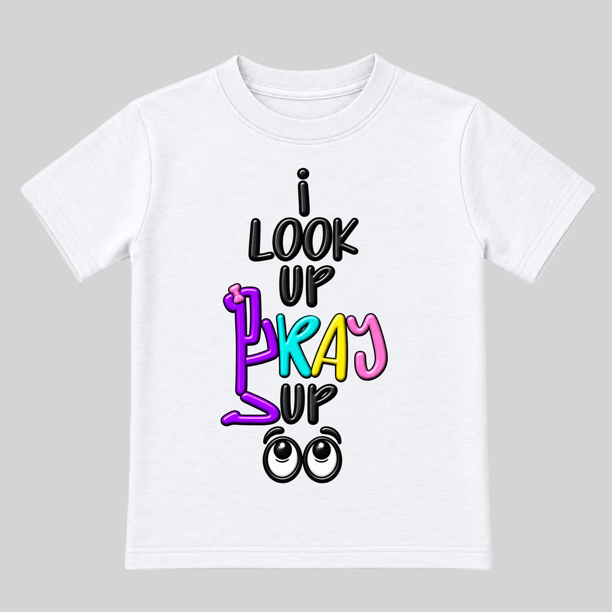 I LOOK UP PRAY UP Christian kids T-shirt White front, Bun profile