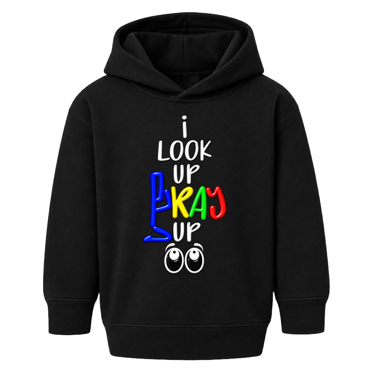 I LOOK UP PRAY UP kids hoodie Black front, Original profile