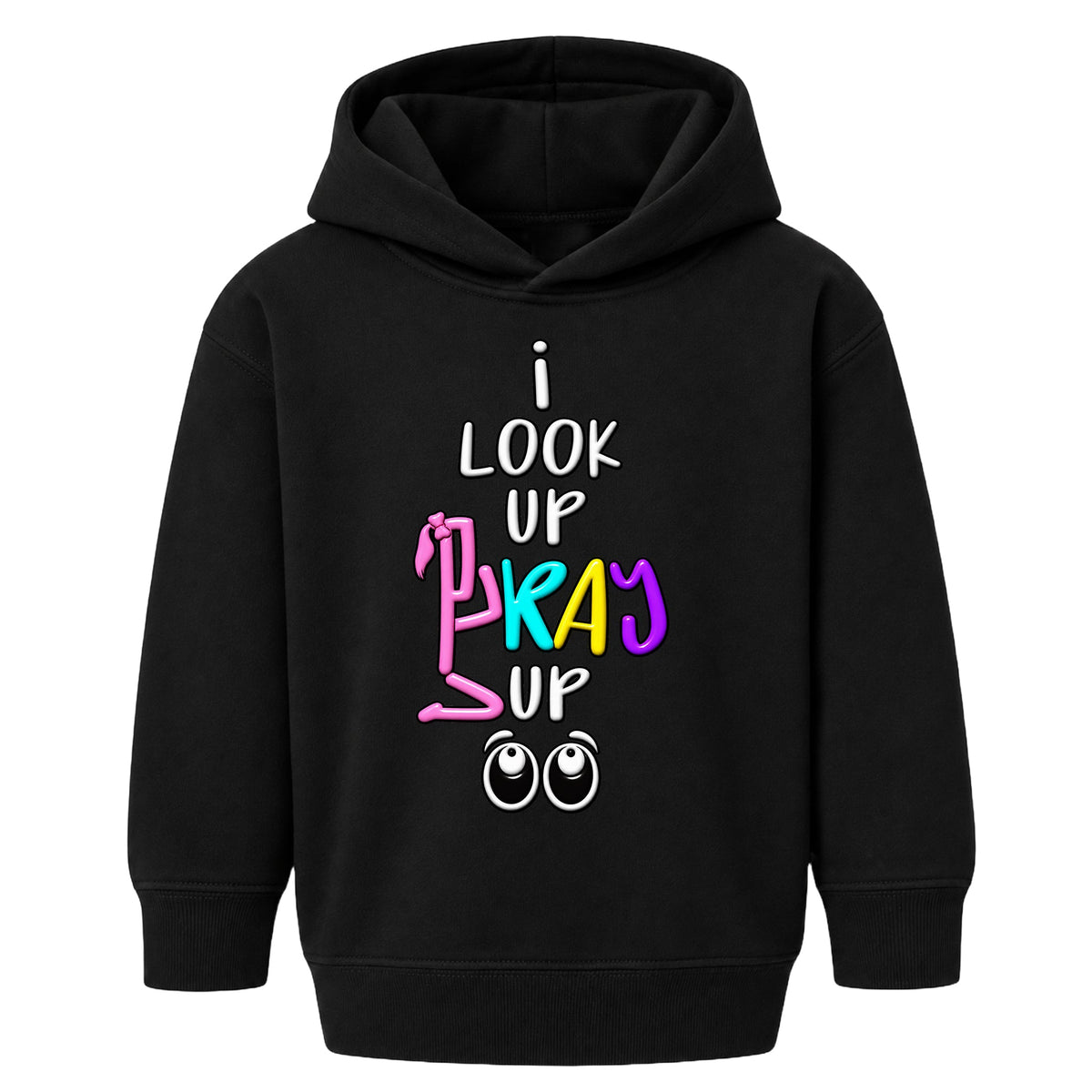 I LOOK UP PRAY UP kids hoodie Black front, Ponytail profile