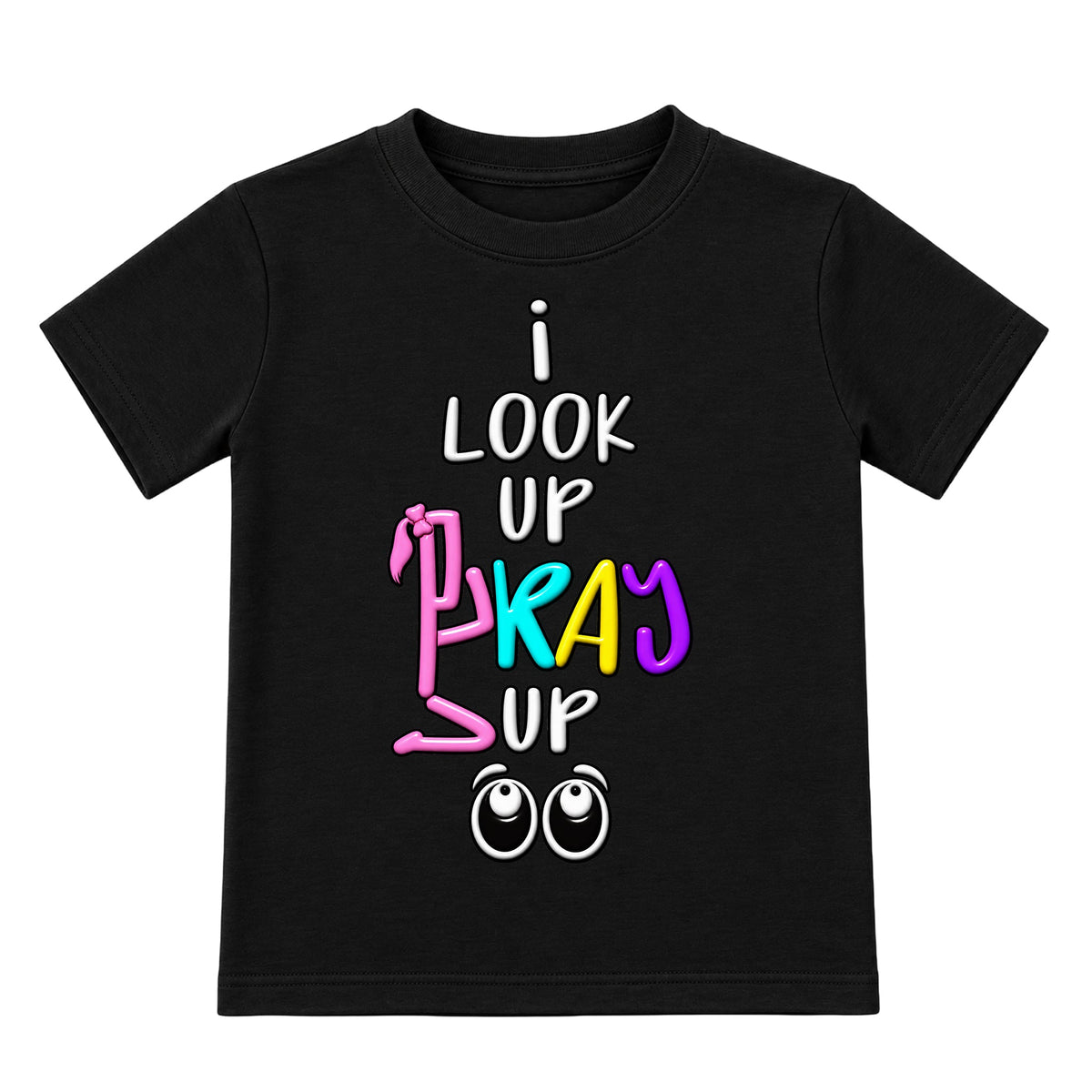 I LOOK UP PRAY UP Christian kids T-shirt Black front, Ponytail profile