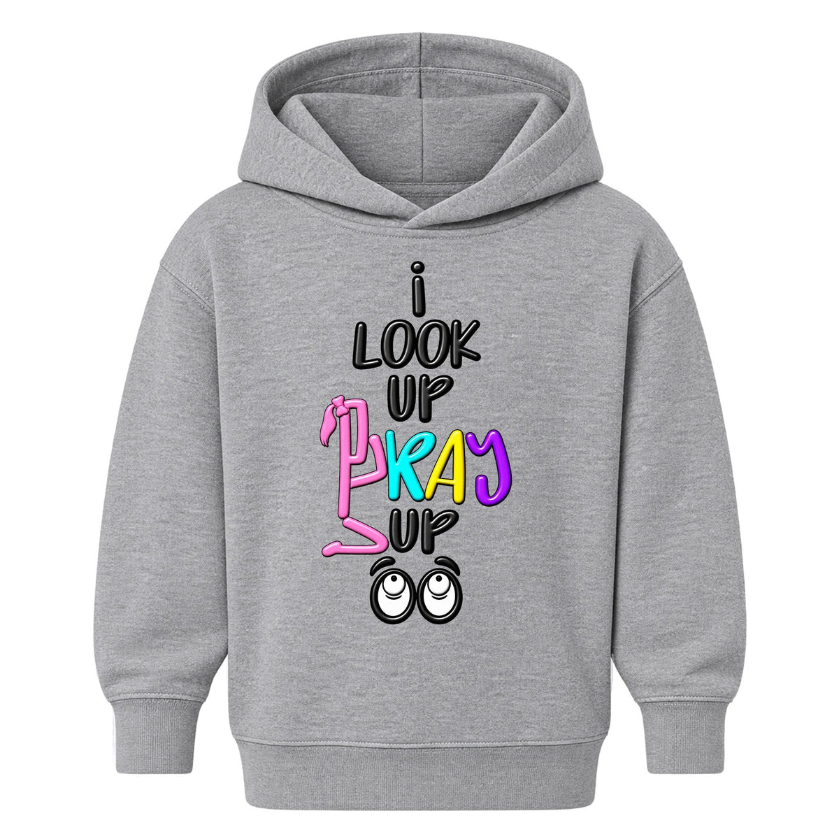 I LOOK UP PRAY UP kids hoodie Heather Gray front, Ponytail profile