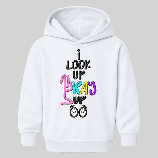 I LOOK UP PRAY UP kids hoodie White front, Ponytail profile