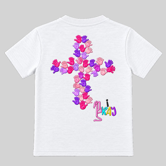 I LOOK UP PRAY UP Christian kids T-shirt White front, Ponytail profile