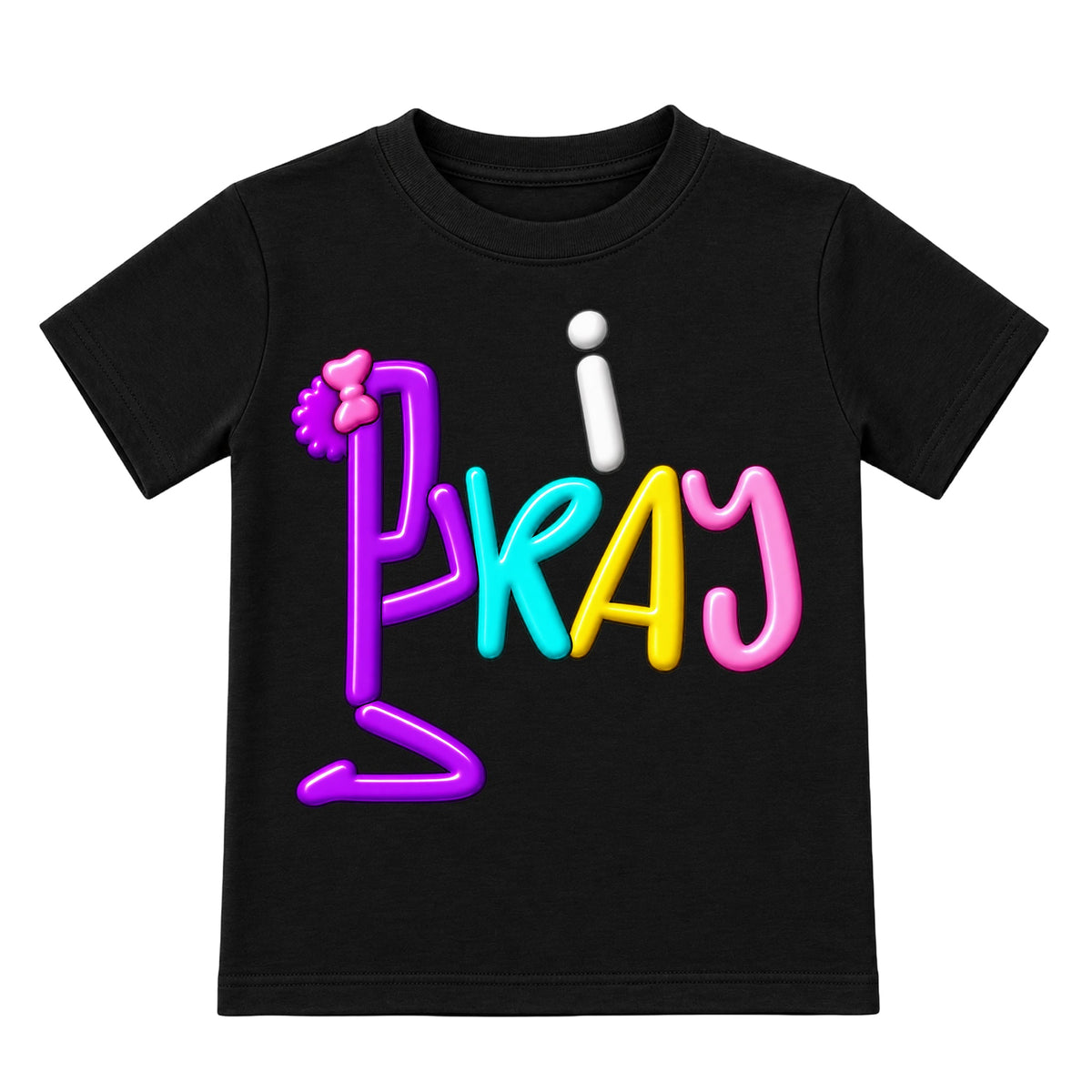 I PRAY Black kids T-shirt front, Bun profile