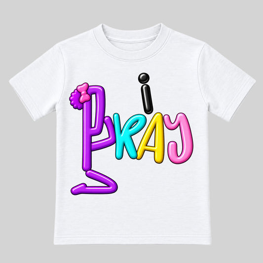 I PRAY White kids T-shirt front, Bun profile