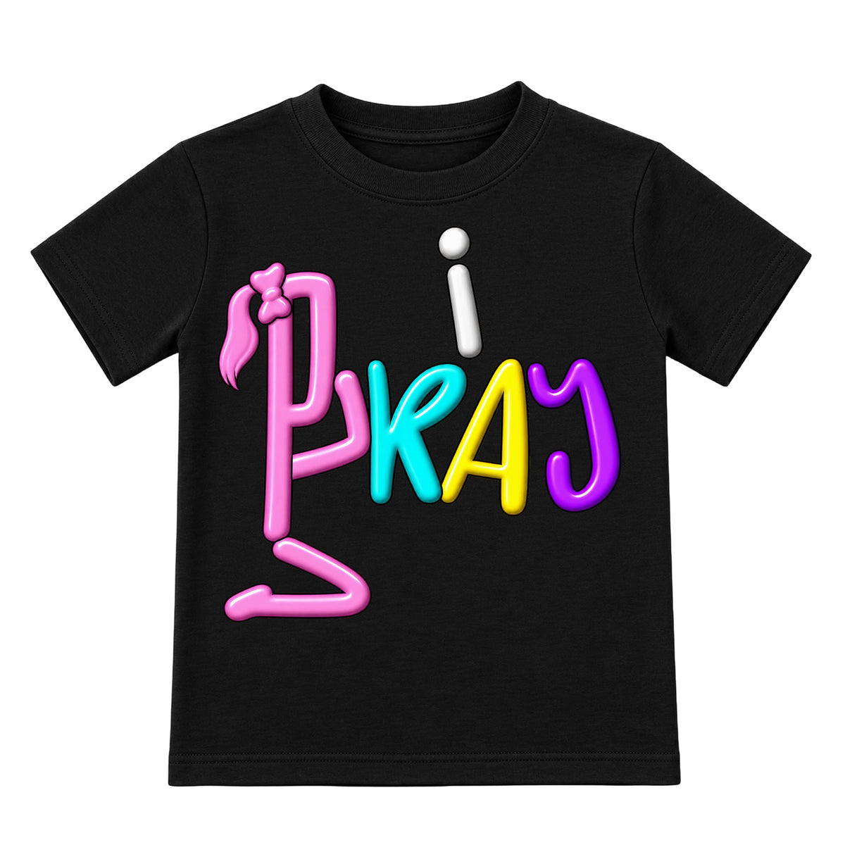 I PRAY Black kids T-shirt front, Ponytail profile