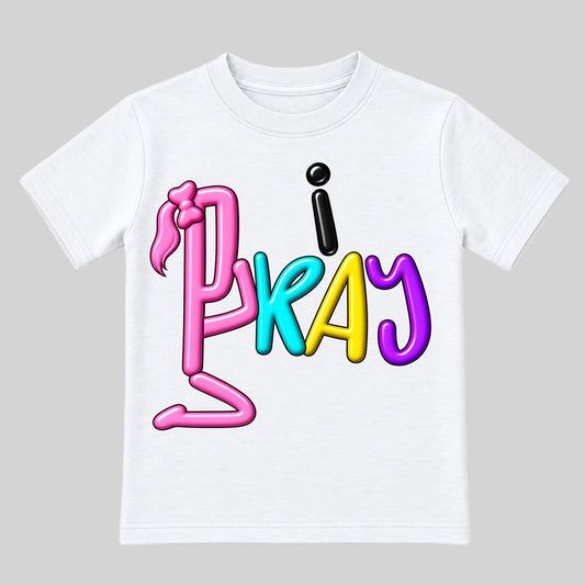 I PRAY White kids T-shirt front, Ponytail profile