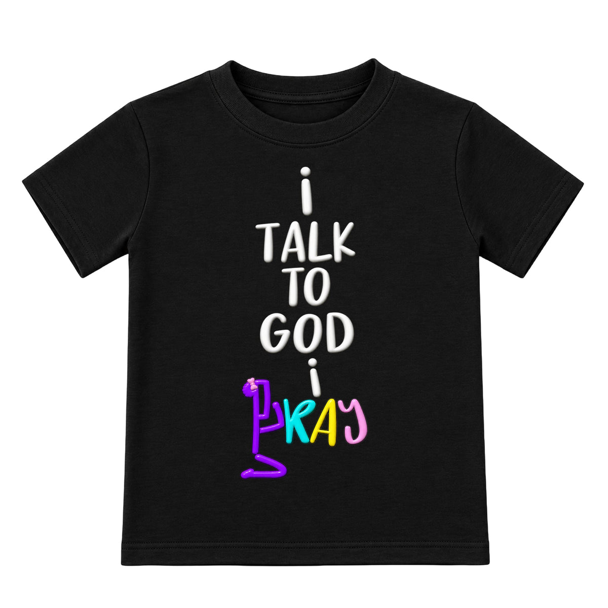 I TALK TO GOD Black Christian kids tee front, Bun profile