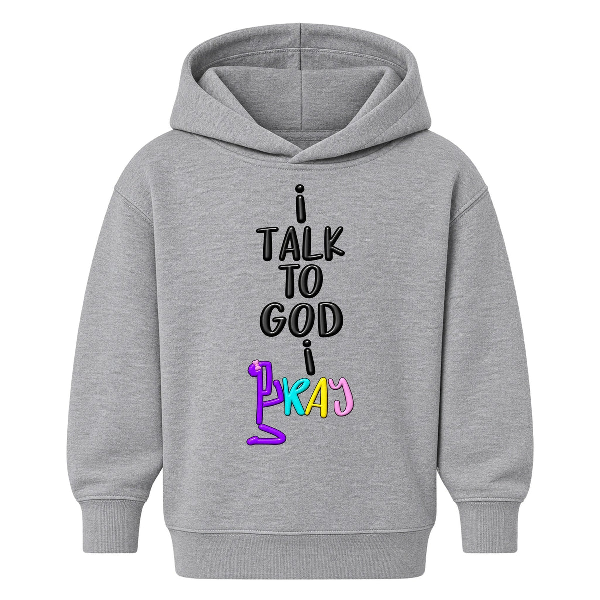 I TALK TO GOD Heather Gray Christian kids hoodie front, Bun profile