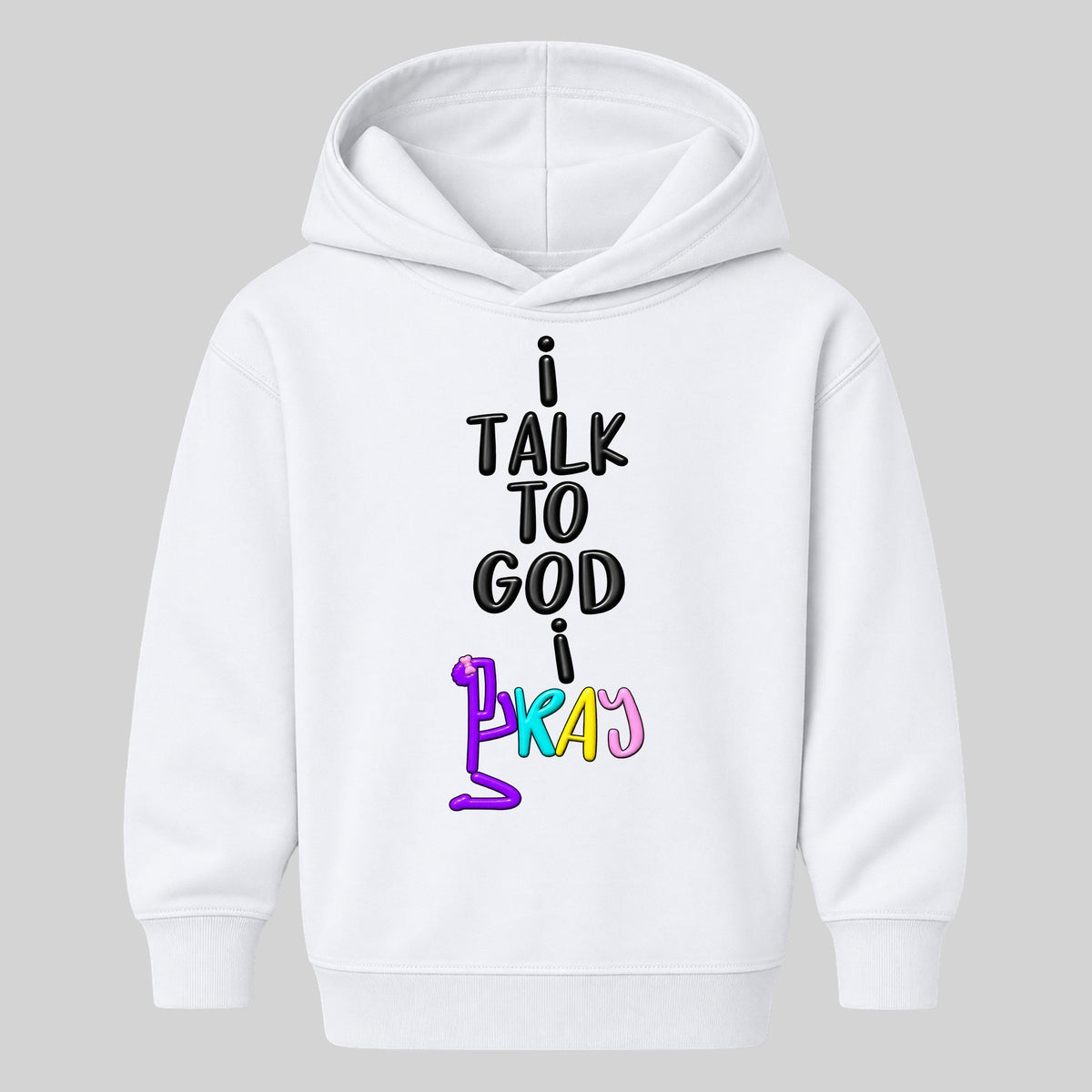 I TALK TO GOD White Christian kids hoodie front, Bun profile