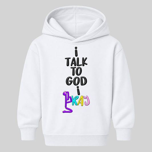 I TALK TO GOD White Christian kids hoodie front, Bun profile