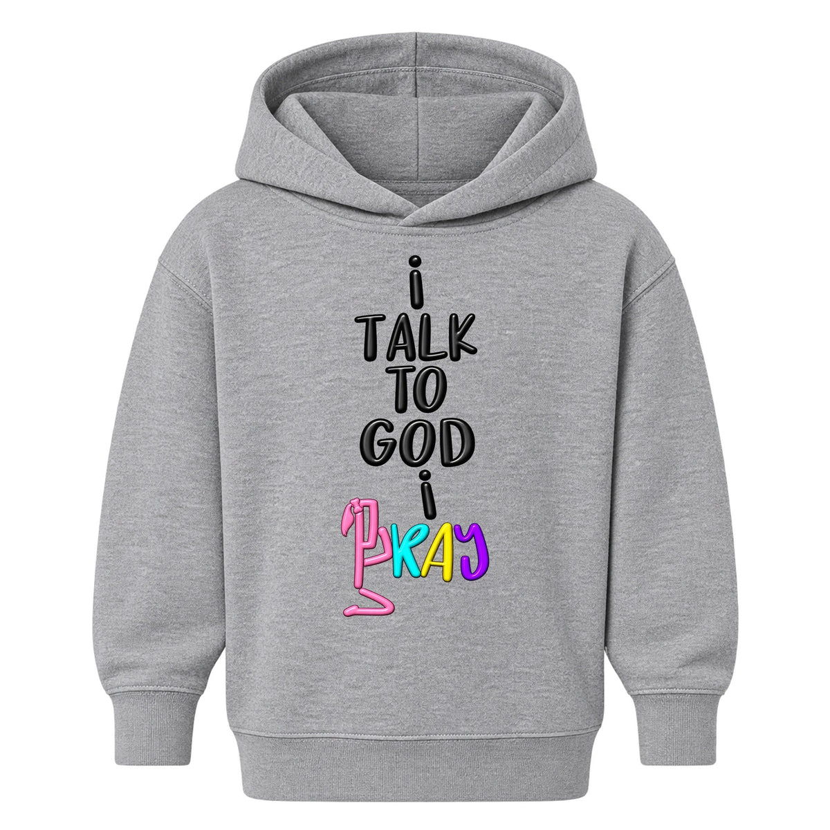 I TALK TO GOD Heather Gray Christian kids hoodie front, Ponytail profile