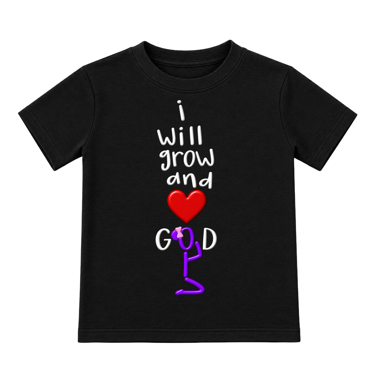 I WILL GROW AND LOVE GOD Black kids tee front, Bun profile