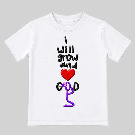 I WILL GROW AND LOVE GOD White kids tee front, Bun profile