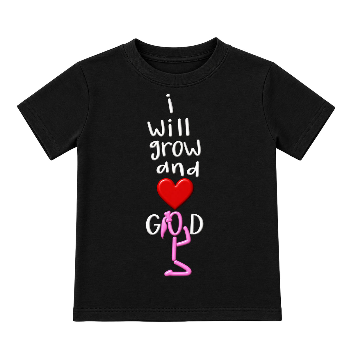 I WILL GROW AND LOVE GOD Black kids tee front, Ponytail profile