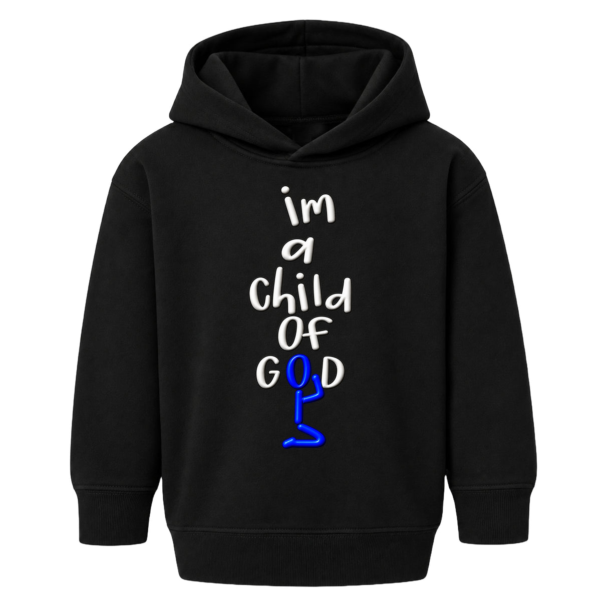I'M A CHILD OF GOD kids hoodie black front — Original profile, EMBOSS