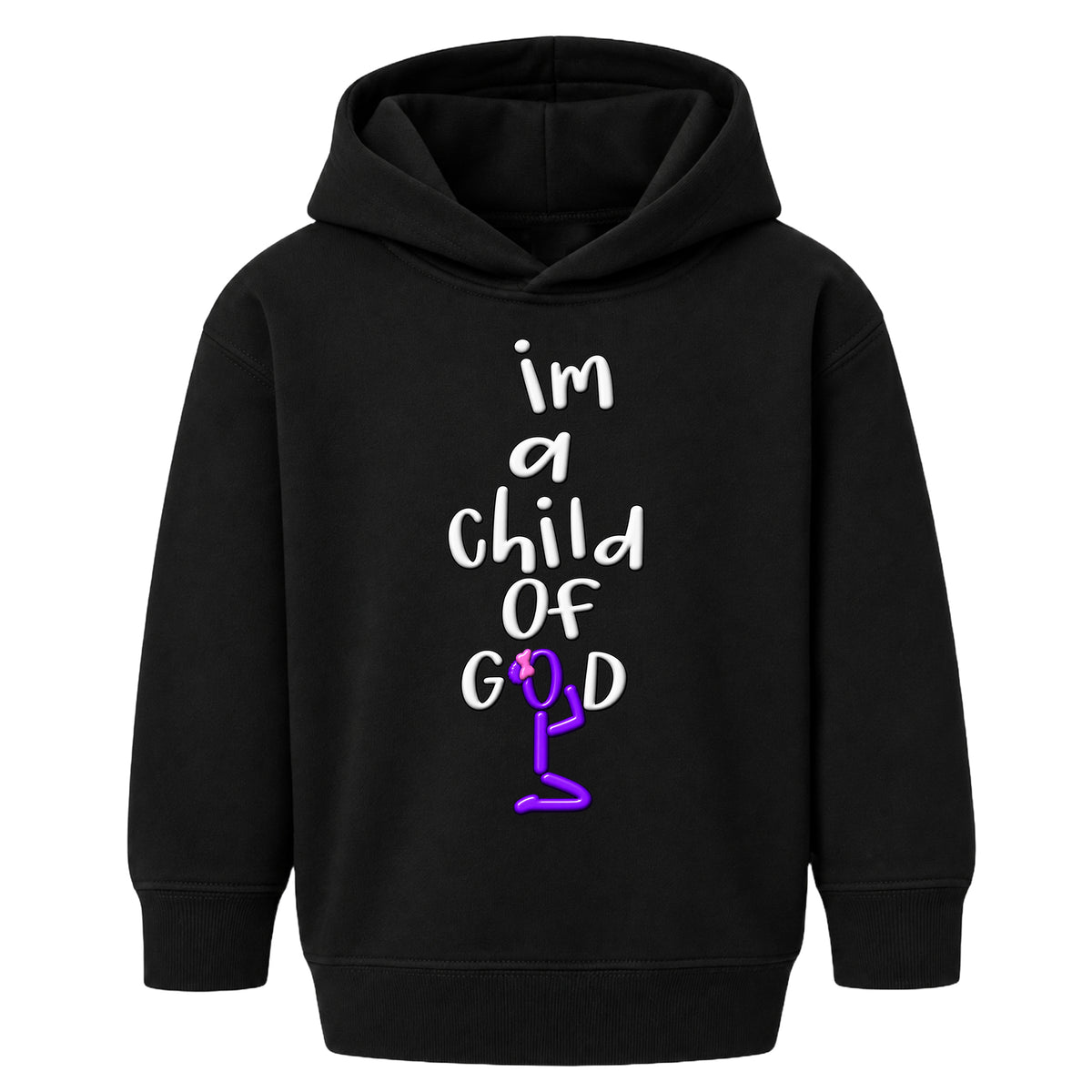 I'M A CHILD OF GOD kids hoodie black front — Bun profile, EMBOSS